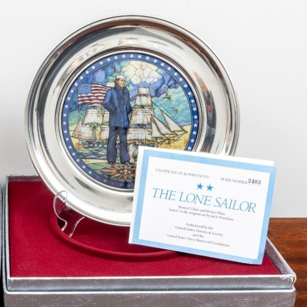 Vintage "The Lone Sailor" Stained Glass & Pewter Plates By Jack Woodson w/ COA